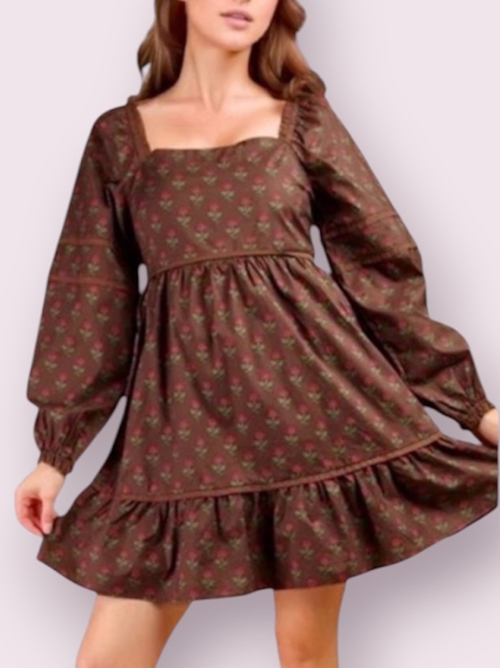 NWT Very J Babydoll Boho Mini Dress Chocolate Brown Ditsy Floral Print Small